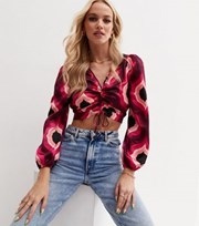 New Look Pink Geometric Satin Ruched Long Puff Sleeve Crop Top